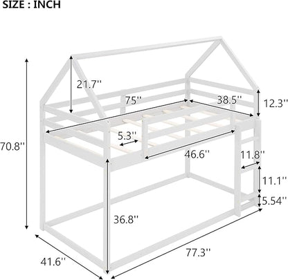 MERITLINE House Shaped Bunk Bed Twin Over Twin Size Wood Bunk Bed Frame Low Bunk Beds for Kids and Toddlers, Twin Size,White