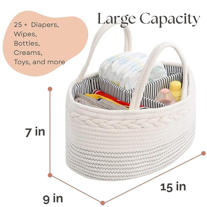 luxury little Diaper Caddy Organizer, Large Cotton Rope Nursery Baby Basket, Changing Table Organizer for Baby Diaper Storage, Portable Car Organizer with Removable Divider, Baby Shower Gifts - White
