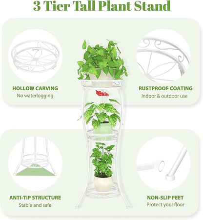 iDavosic.ly 3 Tier Tall Metal Plant Stand Indoor Outdoor, Wrought Iron Corner Flower Pot Holder Shelf, 34 Inch Vertical Display Rack for Patio Porch Living Room Garden, White
