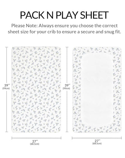 Pack and Play Sheets for Baby Boy and Girl 2 Pack, Neutral Muslin Cotton Pack N Play Mattresses Sheet 27"x39", Muslin Nursery Bedding Soft and Breathable Comfort (Bluebell Bloom & Light Blue)