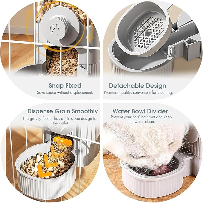 Yummy Sam Hanging Cage Automatic Small Pet Food Bowl Water Bottle Dispenser, Detachable Auto Gravity 1.2L Self-Feeding Feeder and 0.52L Waterer Set Kennel Feeding Station for Puppy Cats Rabbit(Grey)