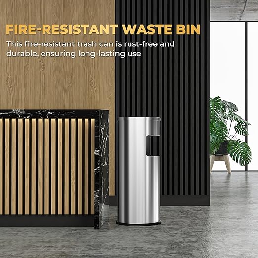 Trash Can Outdoor Waste Container Round Stainless Steel Trash Can with Removable Inner Bucket for Disposal Commercial Waste Container 9.8‘’ x 24‘’- Silver