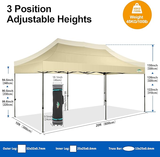 COBIZI 10x20 Pop up Canopy Tent 10x20 Canopy with 6 Sidewalls Waterproof Heavy Duty Gazebo Commercial Canopy Tent for Parties Outdoor Gazebo, Carry Bag with Wheel(10x20ft, Khaki)