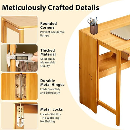 39.37" Bamboo Folding Desk,Space-Saving Computer Desk for Small Spaces, Foldable Study Table for Bedroom, Home Office, Dorm, Apartment (Natural)