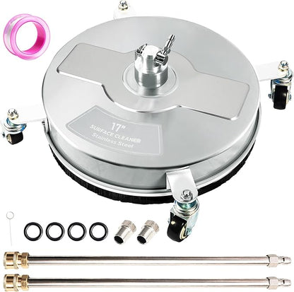 17" Pressure Washer Surface Cleaner with 4 Wheels, Stainless Steel Power Washer Surface Cleaner for Driveways Sidewalks Patios, 1/4" Quick Connector, 2 Extension Wand, 4000 PSI