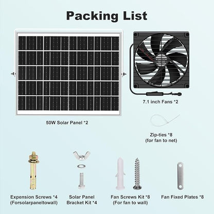 7.1" Solar Greenhouse Fan 2 Pack, 25W x 2 Large Solar Powered Intake and Exhaust Fan Outdoor Waterproof, 16.5 ft Cord, Strong Airflow for Chicken Coop Shed Cabin Circulation and Ventilation