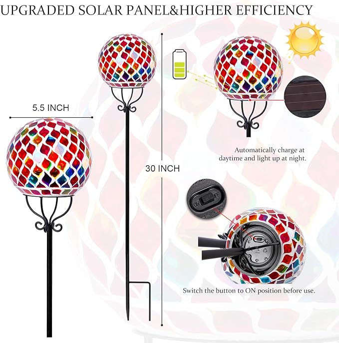 VCUTEKA Solar Outdoor Lights Garden Decor Mosaic Solar Garden Lights Waterproof Glass Ball LED Pathway Stake Light for Landscape Lawn Patio Yard Decoration 6 inch, Red