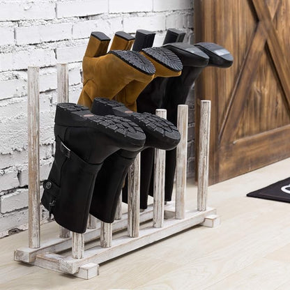 MyGift Shabby Whitewashed Wood Boot Rack Organizer Tall Boots Inverter Holder - Holds up to 6 Pairs