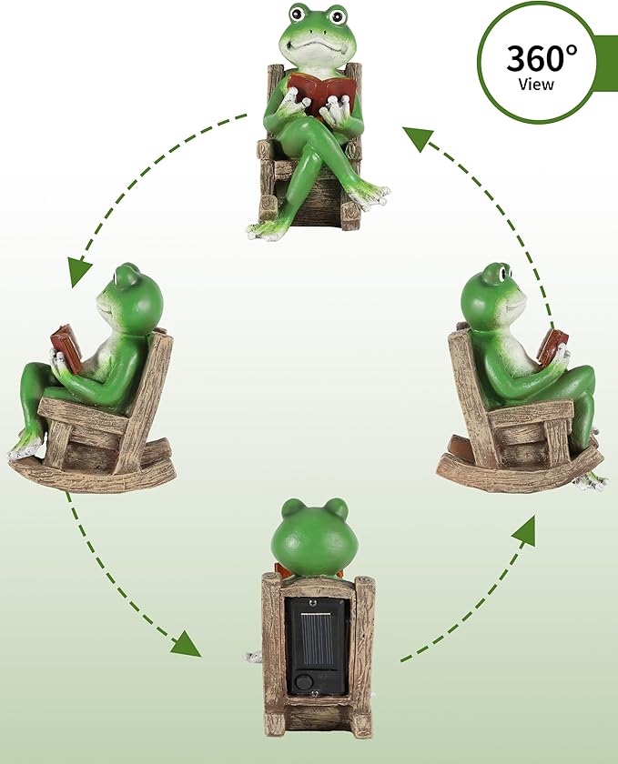 iStatue Miniature Solar Frog Reading Book Figurine Light - 5.5'' Resin Chair Statue Outdoor Table Decor for Lawn Ornaments, Patio, Yard & Garden and Home