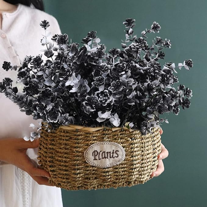Black Artificial Flowers, Fake Outdoor UV Resistant Plants Faux Plastic Greenery Shrubs Indoor Outside Hanging Planter Home Kitchen Office Wedding, Garden Decor (White+Black)