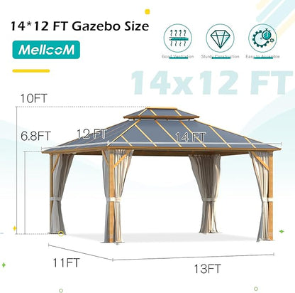 MELLCOM 12x14FT Hardtop Gazebo,Wooden Finish Coated Aluminum Patio Gazebo with Aluminum Composite Double Roof for Patio Lawn and Garden, Curtains and Netting Included