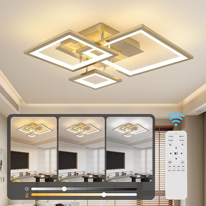Modern Gold Led Ceiling Light 3-Square Design 3000K-6500K Dimmable LED Ceiling