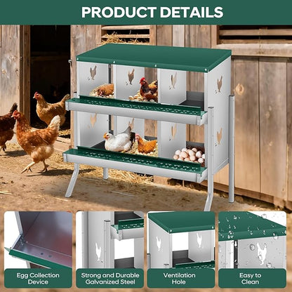 Nesting Boxes for Chickens, 6 Compartments, Nesting Boxes with 4 Dummy Eggs and 10 Dampproof Pets Mats, Green, Stainless Steel, Wall-Mountable & Roll Away Design with Stand