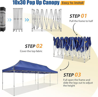 HOTEEL 10x30 Pop up Canopy Tent for Parties, Heavy Duty Easy Setup Tent Without Sidewalls, Outdoor Commercial Instant Gazebo, with Portable Bag, Dark Blue(Hexagonal Frame)