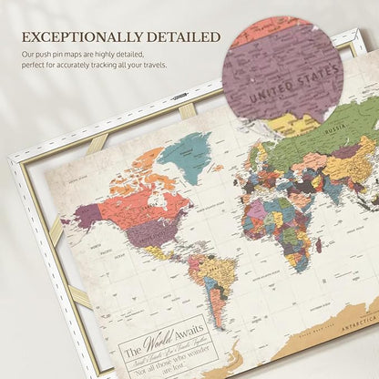 ElephantStock - Personalized World Awaits II Push Pin World Map Wall Art - Horizontal Canvas Wall Art - Living Room Wall Decor - Digital Art Map Canvas Art - Green And Beige Decor - 12" x 8"