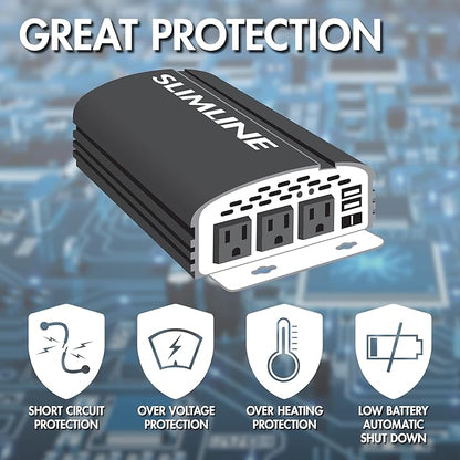 Wagan EL3720 1000W Slimline Plus AC to DC Power Inverter 1000 Watt TrueRated Continuous 2500 Watt Surge Power DC 12V to AC 110V Modified Sine Wave 3 AC Outlets and 2A USB Charging Port