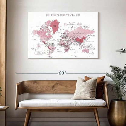 ElephantStock - Places You'll Go Push Pin World Map Wall Art - Horizontal Canvas Wall Art - Living Room Wall Decor - Digital Art Map Canvas Art - White And Pink Decor - 45" x 30"