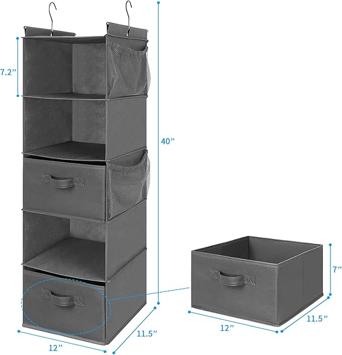 MAX Houser 5 Tier Shelf Hanging Closet Organizer, Cloth Hanging Shelf with 2 Sturdy Hooks for Storage, Foldable (Grey-D2)