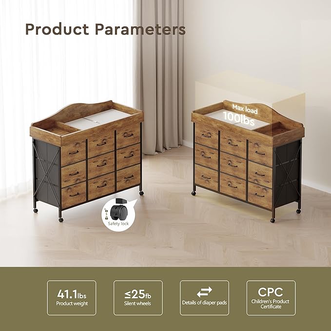Baby Changing Table with 9 Fabric Drawers, Waterproof Diaper Changing Station & Pad, Mobile Nursery Diaper Changing Table, Baby Furniture, Bedroom, Rustic Brown