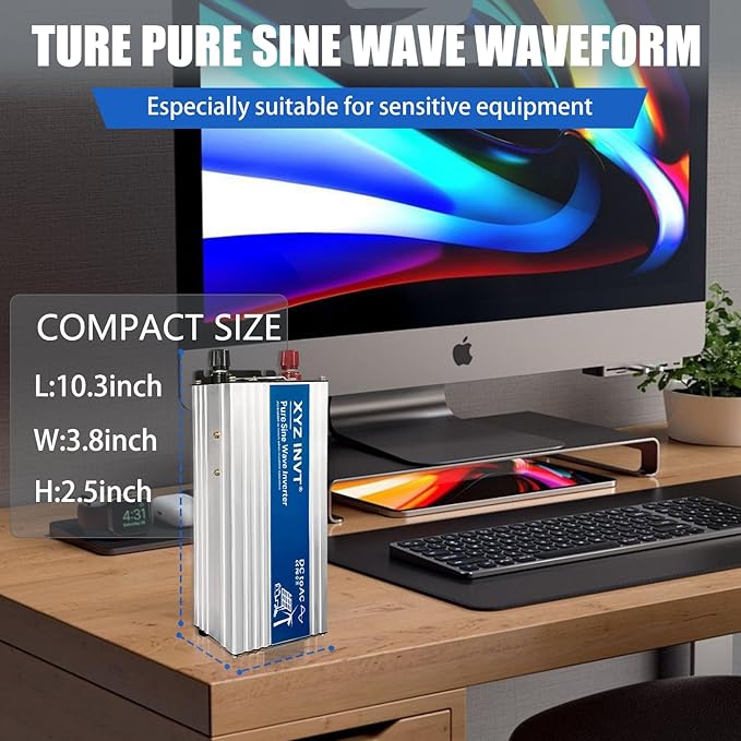 1000W Pure Sine Wave Power Inverter DC 48V to AC 110V/120V, 2000W Peak, Car/Truck Power Converter for Solar, Home, Vehicle & Rechargeable Devices with LED Display