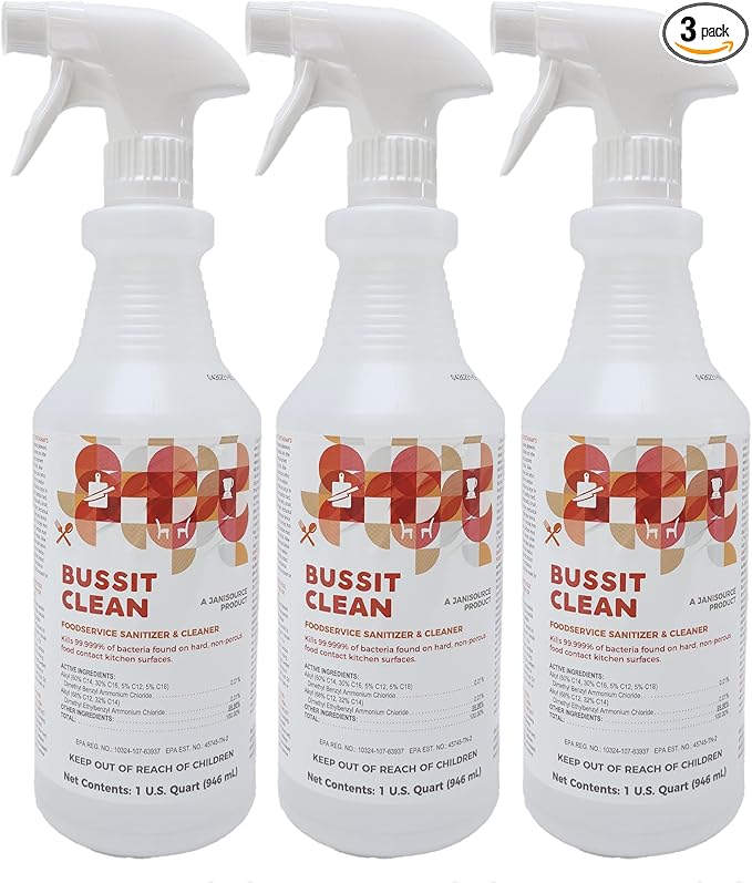 Bussit Clean Food Surface Sanitizer & Cleaner, Kills 99.9% of Kitchen Bacteria, 1 Quart (3 Pack)