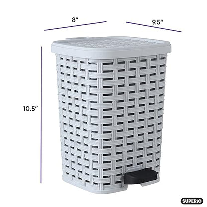 Superio Small Outdoor Trash Can with Lid for Dog Poop 1.5 Gallon/6 L Mini Plastic Garbage Can with Foot Pedal for Bathroom, Bedroom, Office, Patio, Wicker Smoke