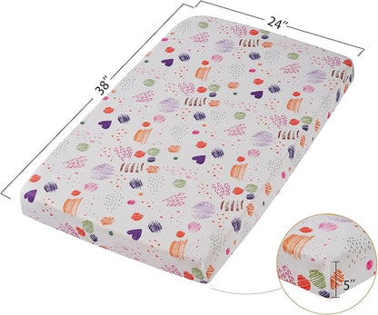 TILLYOU Mini Crib Sheets Fitted 2 Pack, Pack and Play Sheets for Toddler Mattress, Soft and Breathable 38”x 24” Pack n Play Mattresses Cover, Animal Graffiti & dot Printing