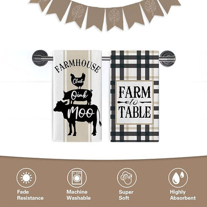 Farmhouse Animals Kitchen Dish Towels Set of 2, Chicken Pig Cow Chick Oink Moo Drying Hand Towel Baking Cooking Cloth, Farm to Table Buffalo Plaid Bathroom Home Decoration 18'' x 26''