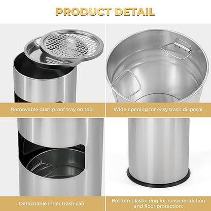 Trash Can Outdoor Waste Container Round Stainless Steel Trash Can with Removable Inner Bucket for Disposal Commercial Waste Container 9.8‘’ x 24‘’- Silver