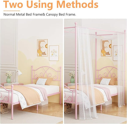 Weehom Princess Canopy Bed Frame with 4 Posters, Sturdy Metal Platform Mattress Foundation with Headboard&Footboard No Box Spring Needed Twin Size Bed for Kids Girls Adults Pink