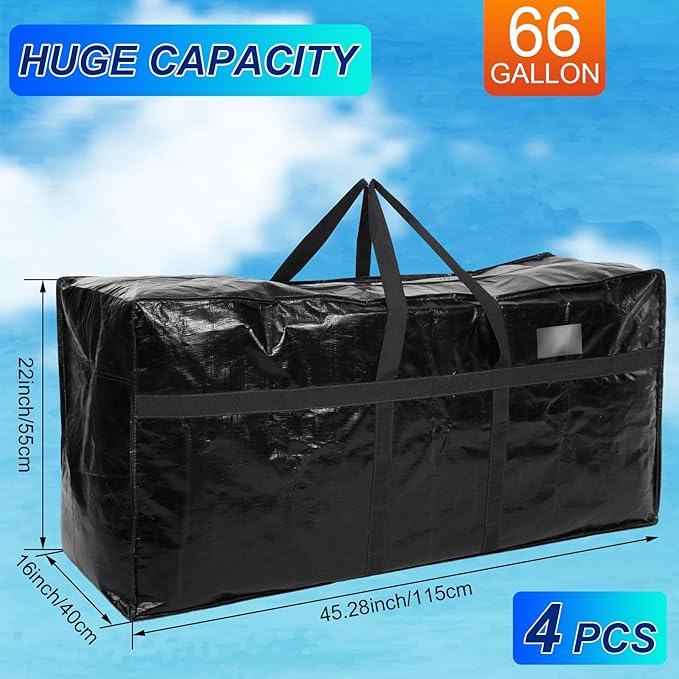 4 Pcs 66 Gallon Large Moving Bags with Zipper and Handles Foldable Storage Duffle Bags Heavy Duty Extra Large Totes for College Dorm Travel Clothes Blankets Bedding Moving (Black, Blue)