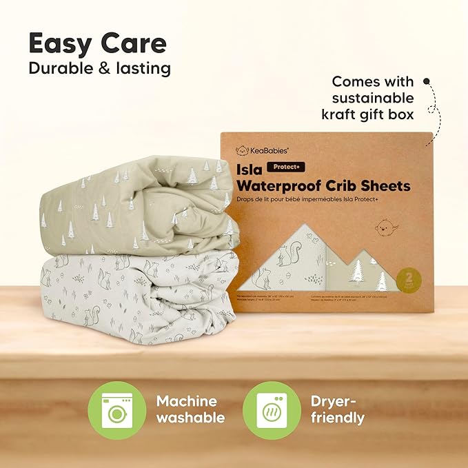 2-Pack Waterproof Baby Crib Sheets for Boys, Girls - 52x28 Viscose Derived from Bamboo Toddler Bed Sheet Neutral, Fitted Crib Mattress Protector Cover for Baby Bedding, Soft & Gentle (Pine Grove)