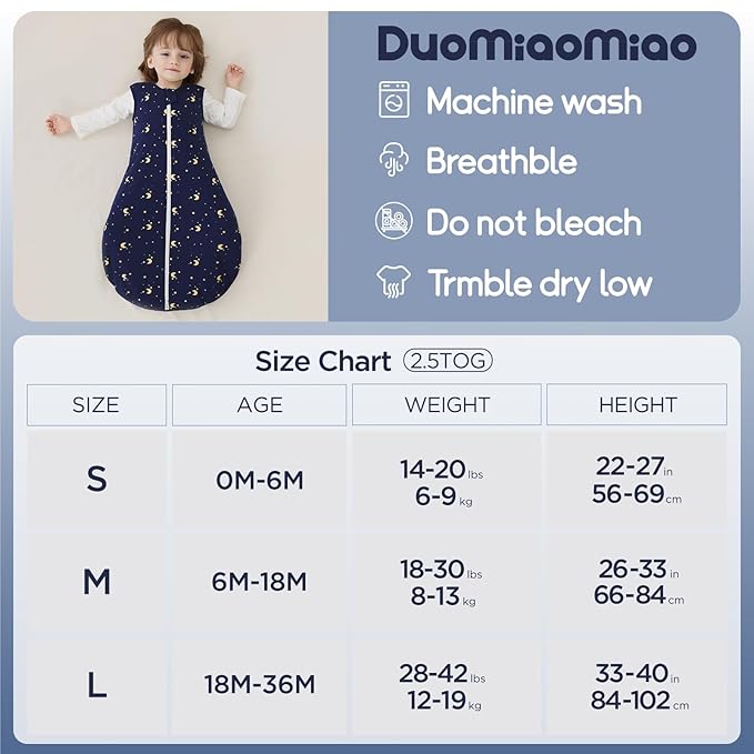 Duomiaomiao 2.5 TOG Baby Sleep Sack 100% Cotton Winter Baby Wearable Blanket, Warm Quilted Comfy Toddler Sleeping Sack