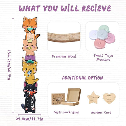 Personalized Name Growth Chart for Wall, Kitten Eating Fish Wooden Height Chart, Thick Height Measuring Board for Boys and Girls, Measurement Ruler for Kids, Easy to Install