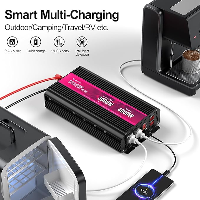 3000W Power Inverter,12V DC to AC 110V120V Peak Power 6000W with 2AC Outlets and 2.4USB Port,LCD Display Car Inverter for Outdoor Activities,Emergency