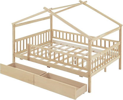 Merax Full Size Wooden House Bed with Two Drawers, Wood Bed Frame with Roof and Safety Guardrail for Kids, Teens, Boys or Girls, Natural