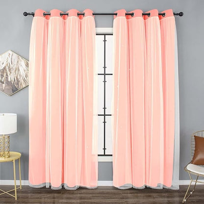 Kinryb Princess Curtains for Girls Bedroom with Sheer Overlay,Double Layer Curtain for Living Room with Star Cutout, Curtains for Kids Room (52 W*72 L Inches,2 Pcs Coral)