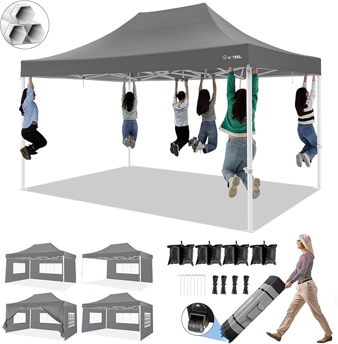 HOTEEL 10x15 Pop up Canopy Tent for Parties, Heavy Duty Easy Setup Tent with 4 Sidewalls, Outdoor Commercial Instant Gazebo for Wedding Event, with Roller Bag & Sand Bags, Grey(Hexagonal Frame)