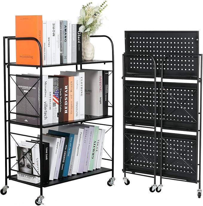 Foldable 3-Tier Metal Shelf with Wheels - Folding Bookshelf Unit for Living Room, Kitchen, Study 12.6" D x 23.6" W x 33.8" H, Matte Black
