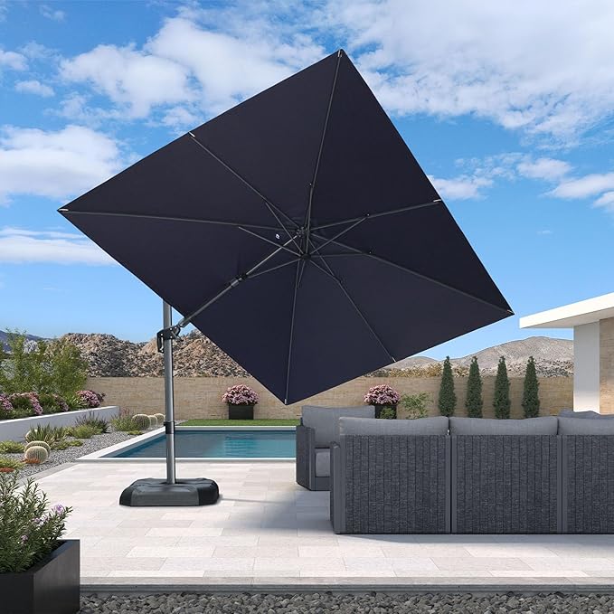 PURPLE LEAF 9' X 12' Left-right Tilt Patio Umbrella Outdoor Cantilever Swivel Rectangle Umbrella with Tilt Aluminum Offset Umbrella with 360-degree Rotation for Garden Deck Pool Patio Navy Blue