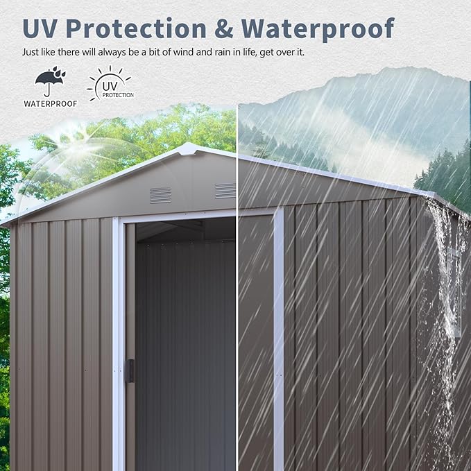 4x8 FT Outdoor Storage Shed, Metal Garden Shed with Frame Floor, Outside Tool Shed with Window, Waterproof Storage Building with Lockable Sliding Doors & Sloped Roof for Backyard, Patio, Warm Gray