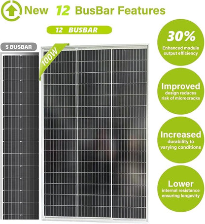 2pcs 100 Watt Monocrystalline Solar Panel High Efficiency 24V Solar Panel for RV, Camping, Off-Grid, Waterproof, Durable Outdoor Solar Charger for Emergency Power