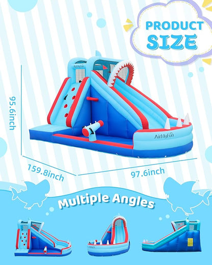AirMyFun Bounce House, Sharks Theme Inflatable Bouncy House with Slide, Kids Bounce House Water Park with Slides Bouncer Castle with Splash Pool, Climbing Wall, Ball Shooting
