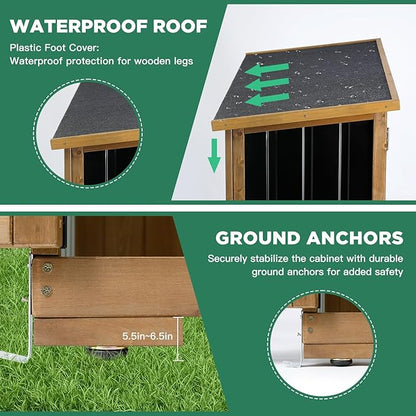 Outdoor Storage Cabinet, Wood & Metal Storage Shed with Weather-Resistant Roof, Double Lockable Doors, Removable Shelves & Adjustable Feet, for Patio, Backyard, Poolside, 46" x 18" x 68"