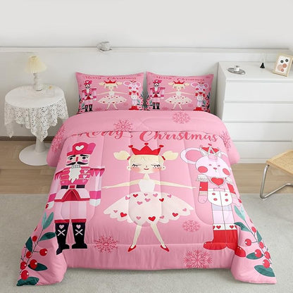 Feelyou Pink Christmas Comforter Set All Season Nutcracker Bedding Set with 1 Pillow Cases Mouse King Microfiber Kids Toddler Bedclothes Royal Guarder Ballet Princess Bedroom Decor Duvet Quilt Soft
