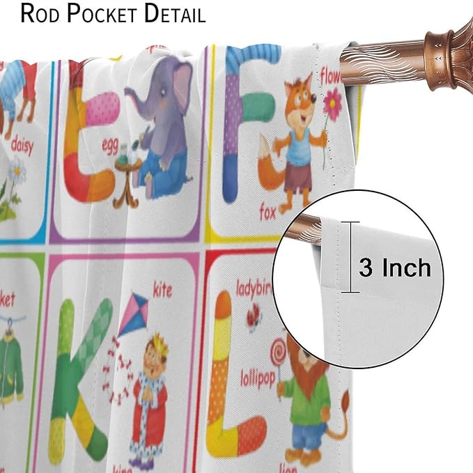 Kids Alphabet Curtains Cartoon Animal Funny Education Learning Curtain with Rod Pocket for Bedroom Nursery Children Toddler Decor Drapes Window Treatments 2 Panels Set 63" W X 63" L