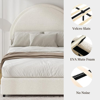 Full Size Bed Frame with Round Headboard, Upholstered Platform Bed Frame, Boucle Soft Bed Frame, Modern Style, No Box Spring Required, Easy Assembly, White