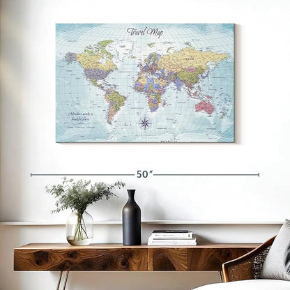 ElephantStock - Push Pin Travel Map World I Wall Art - Horizontal Canvas Wall Art - Living Room Wall Decor - Printmaking Map Canvas Art - Blue And Beige Decor - 39" x 26"