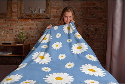 Thuswarm Floral Daisy Flowers Blue Flannel Throw Blanket Gifts Warm Cozy Soft Funny Print Blankets for Summer Room Decoration Bed Couch Sofa 120”×90” Extra Large for Family