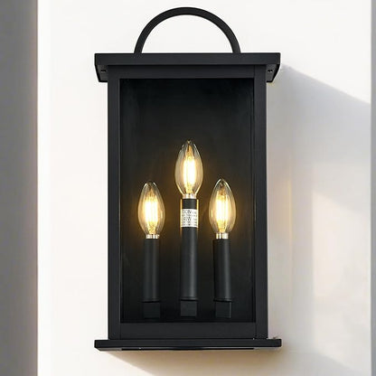 Outdoor Wall Light Fixture, 3 -Light in Black Rectangular Metal Frame and Clear